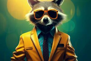 Raccoon in vintage cartoon style, dons blue suit, tie, large glasses AI Generated photo