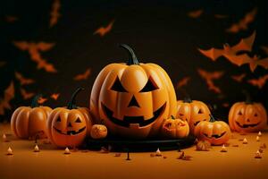 Dynamic 3D rendered jack o lantern pumpkins, bats, and an orange Happy Halloween backdrop AI Generated photo