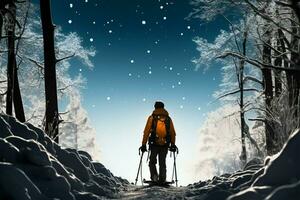 en medio de un Nevado bosque, un hombre esquís, dejando pistas de alegría ai generado foto