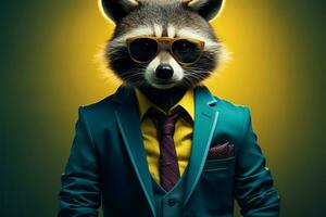 Stylish blue suited hipster raccoon, a character from the vintage era AI Generated photo