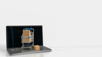 The trolley and box on notebook for e commerces concept 3d rendering photo