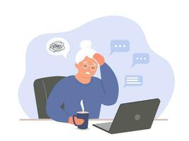 An elderly woman sits at a laptop, freelancing, studying, communicating. The old lady has problems, difficulties, stress with working online. Vector flat graphics.