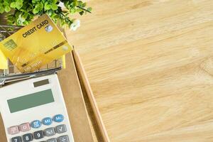 crédito tarjeta en compras carro con cuaderno, un lápiz, flor maceta árbol,calculadora en de madera fondo, en línea bancario concepto,arriba ver con Copiar espacio oficina mesa. foto