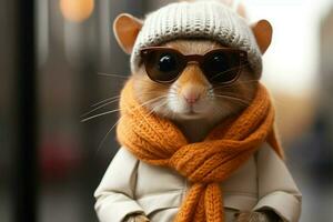 In miniature fashion, a rodent dons glasses and scarf, modeling AI Generated photo