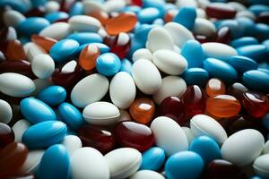 Pills in white, blue, and diverse shades heap Packaged for health support AI Generated photo