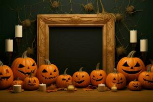 Halloween themed template framed with grainy texture, pumpkins displaying smiles and scares AI Generated photo