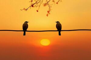 puesta de sol fondo marcos pájaro parejas silueta en cable simbolizando afecto ai generado foto