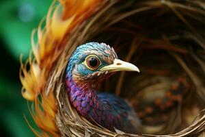 vibrante colores adornar un pavos reales cara en esta cautivador cerca arriba ai generado foto