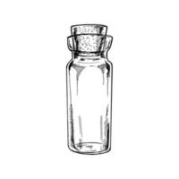 Hand-drawn sketch of a small glass bottle with a natural cork. Containers for zero waste storage, for medicines, spices isolated on white background. vector