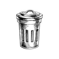 Monochrome hand drawn sketch of trash container. Segregate waste, sorting garbage, waste management. Vector retro illustration. Doodle.