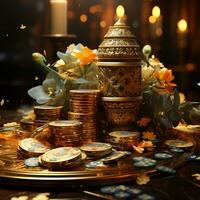3D rendering image of gold and carbon VIP chip with diamond, casino, money, dice photo
