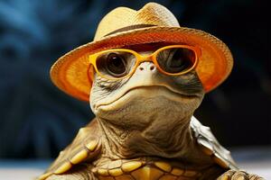 Stylishly composed, turtle wears straw hat and shades with casual elegance AI Generated photo