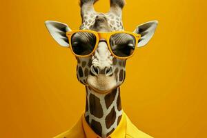 Stylishly posed giraffe in yellow shades, monochrome portrait speaks fashion AI Generated photo