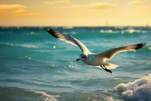 Seagull glides gracefully above sun kissed ocean waves AI Generated photo