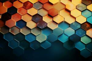 Hexagonal mosaic forms captivating abstract backdrop with vibrant color play AI Generated photo