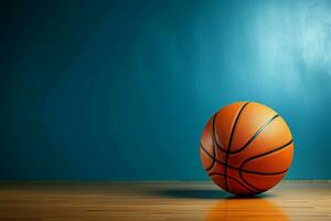 baloncesto en azul lienzo, ofrecimiento vacío zona para individualizado texto o visuales ai generado foto