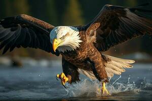 Bald eagle fiercely hunts and attacks its aquatic prey AI Generated photo