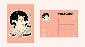 Cute cat ghost with spider and hearts vector illustration. Double sided postcard with cartoon style.