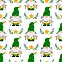 Bearded gnome with Christmas tree branches, seamless vector pattern. A gray-haired elf holds a garland with stars. Santa Claus helper in a stocking cap, green clothes. Flat cartoon background for web