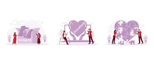 Woman in front of a donation box full of clothes, hands holding a big heart to support and give help, some people have a significant heart puzzle symbol in their hands. vector