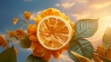 An orange cut in half with leaves and a flower, Generative AI photo