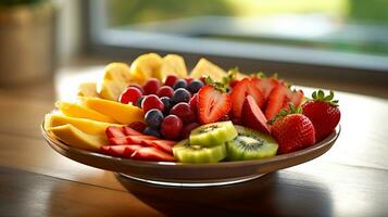 A bowl of fruit is sitting on a table, Generative AI photo