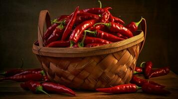 A wooden basket filled with red hot peppers, Generative AI photo