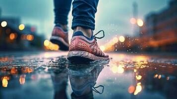 un persona caminando en el lluvia en un ciudad calle, generativo ai foto