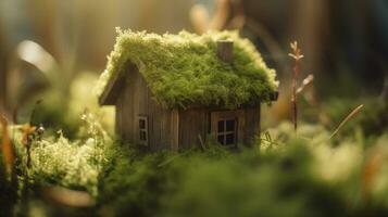 un pequeño casa con un verde techo en el césped, generativo ai foto