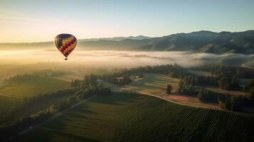 A hot air balloon flying over a lush green field , Generative AI photo