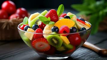 A bowl of fruit is sitting on a table, Generative AI photo