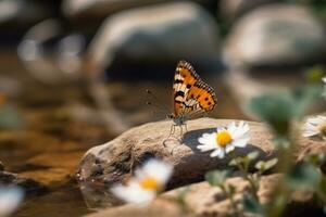 A butterfly sitting on top of a rock next to flowers , Generative AI photo