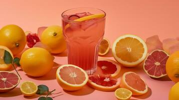 un rosado bebida con fresas, limones, y fresas en un rosa, generativo ai foto