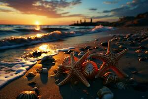 Sunsets embrace, two starfish find repose on sandy beach by tranquil sea AI Generated photo