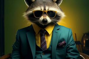 Hipster raccoon in vintage blue suit, tie, and oversized glasses AI Generated photo