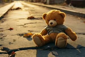 Street scene, a lone, lost teddy bear, evoking nostalgia AI Generated photo