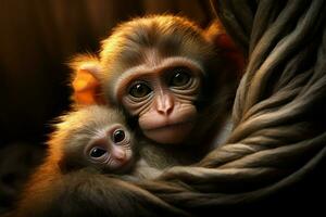 A mother monkeys warmth envelops her dear baby in tender care AI Generated photo