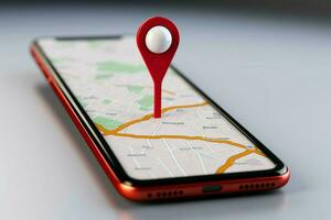 Red map pin icon displayed on 3D rendered smartphone screen AI Generated photo