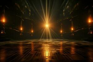 Radiant beams grace vacant stage, anticipatory glow before grand musical spectacle AI Generated photo