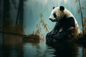 Riverbank tranquility, pandas illustrated beside a misty forest pond AI Generated photo