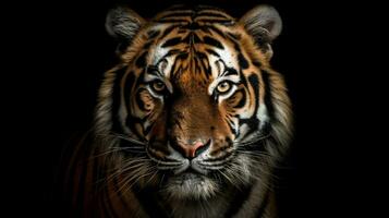 un cerca arriba de un Tigre en un negro fondo, generativo ai foto