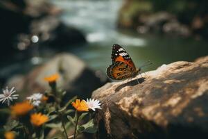 A butterfly sitting on top of a rock next to flowers , Generative AI photo