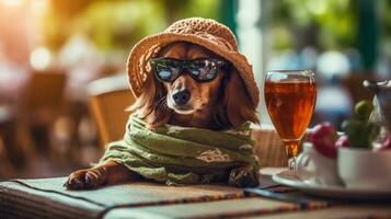 un perro vistiendo un sombrero y Gafas de sol sentado a un mesa, generativo ai foto