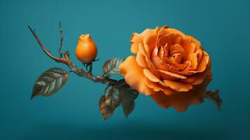 A single orange rose on a blue background, Generative AI photo