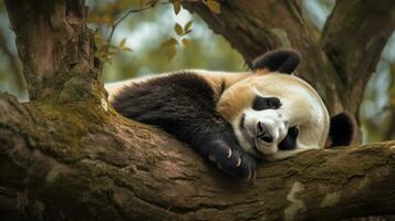 un negro y blanco panda dormido en un árbol rama, generativo ai foto