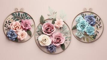 Three circular wall hangings with flowers on them, Generative AI photo