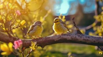 dos pequeño amarillo aves encaramado en un árbol rama, generativo ai foto
