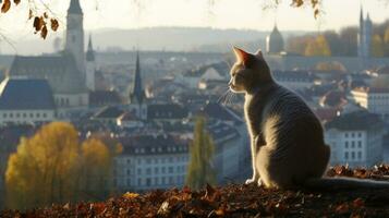 A cat sitting on top of a leaf covered hill, Generative AI photo