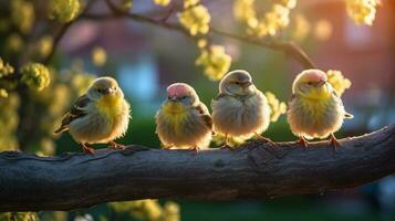 A group of small birds sitting on top of a tree branch, Generative AI photo