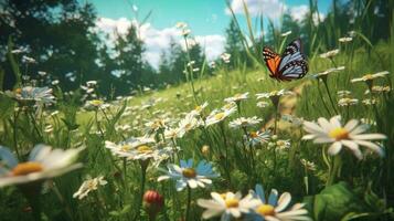 A butterfly flying over a field of daisies, Generative AI photo